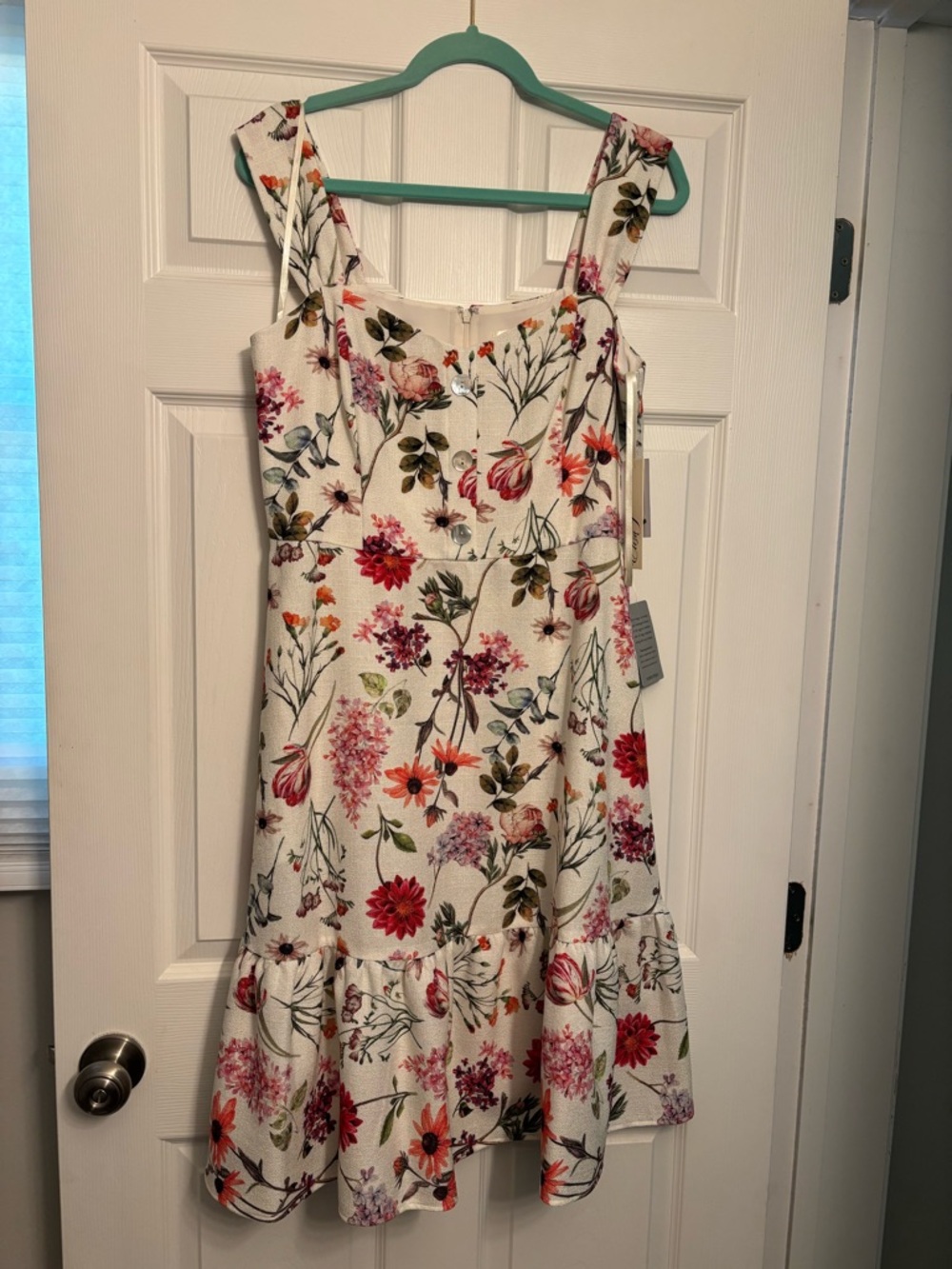 Eliza J Cream Floral Midi Dress with Pink & Green Accents - Picture 4 of 10